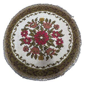 Vtg Dollhouse Rug  Belgian Floral Round 11” Round Gold Formal Victorian Metallic